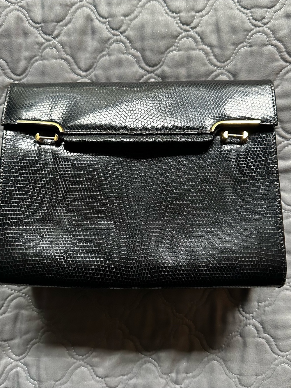 Vintage Black Lizard Print Leather Bag with Gold Accent—can add shoulder straps